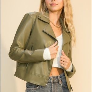 Faux Leather Biker Jacket. Size: Large Color: Olive
